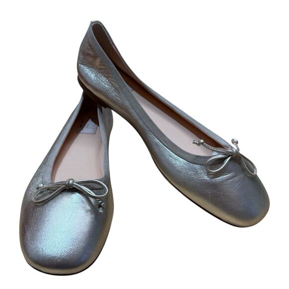 New AGL Silver Metallic Leather Round Toe Ballet Flats‎ Shoes Size 39.5 - Picture 3 of 11
